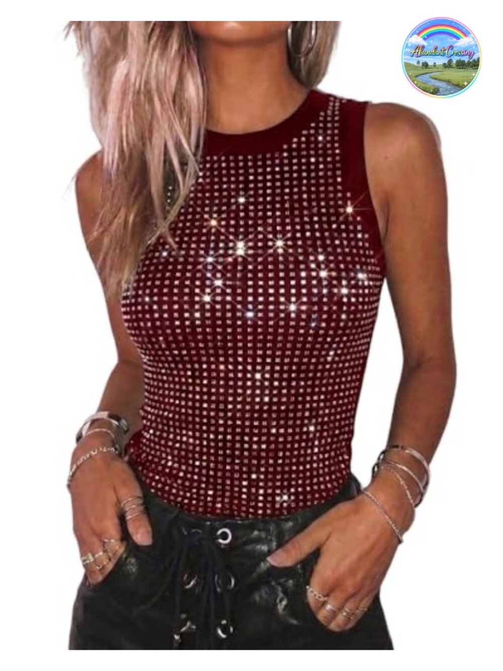 Rhinestone Sleeveless Ribbed Tank Top Slim Fit Y2K Party Going Out Top